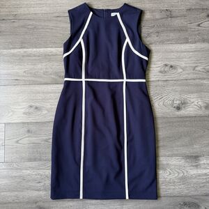 Calvin Klein Women's Navy Blue Sleeveless Sheath Dress White Piping -‎ Size 12